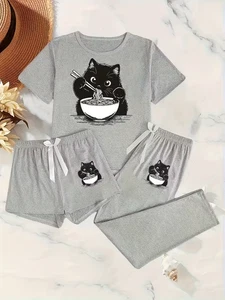 Damen 3-teiliges Pyjama Set mit kleiner schwarzer Katze mit Nudeln - grau - L - Bild 1 von 1
