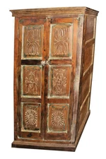 Antique Armoire LOTUS CABINET WOOD Carving Storage RUSTIC CHEST BOHO ECLECTIC