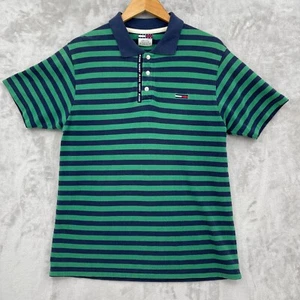Vintage Y2K Tommy Jeans Men's S Flag Logo Green Blue Striped Polo Shirt Retro - Picture 1 of 14
