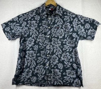 Tommy Hilfiger 男式衬衫大号蓝色夏威夷热带印花 100% 棉 — 第 1/4 张图片