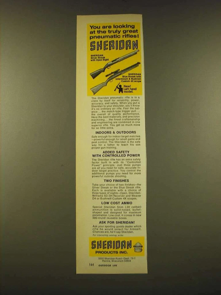 Anuncio de rifles neumáticos Sheridan Silver Streak and Blue Streak 1973 Foto 1 de 1
