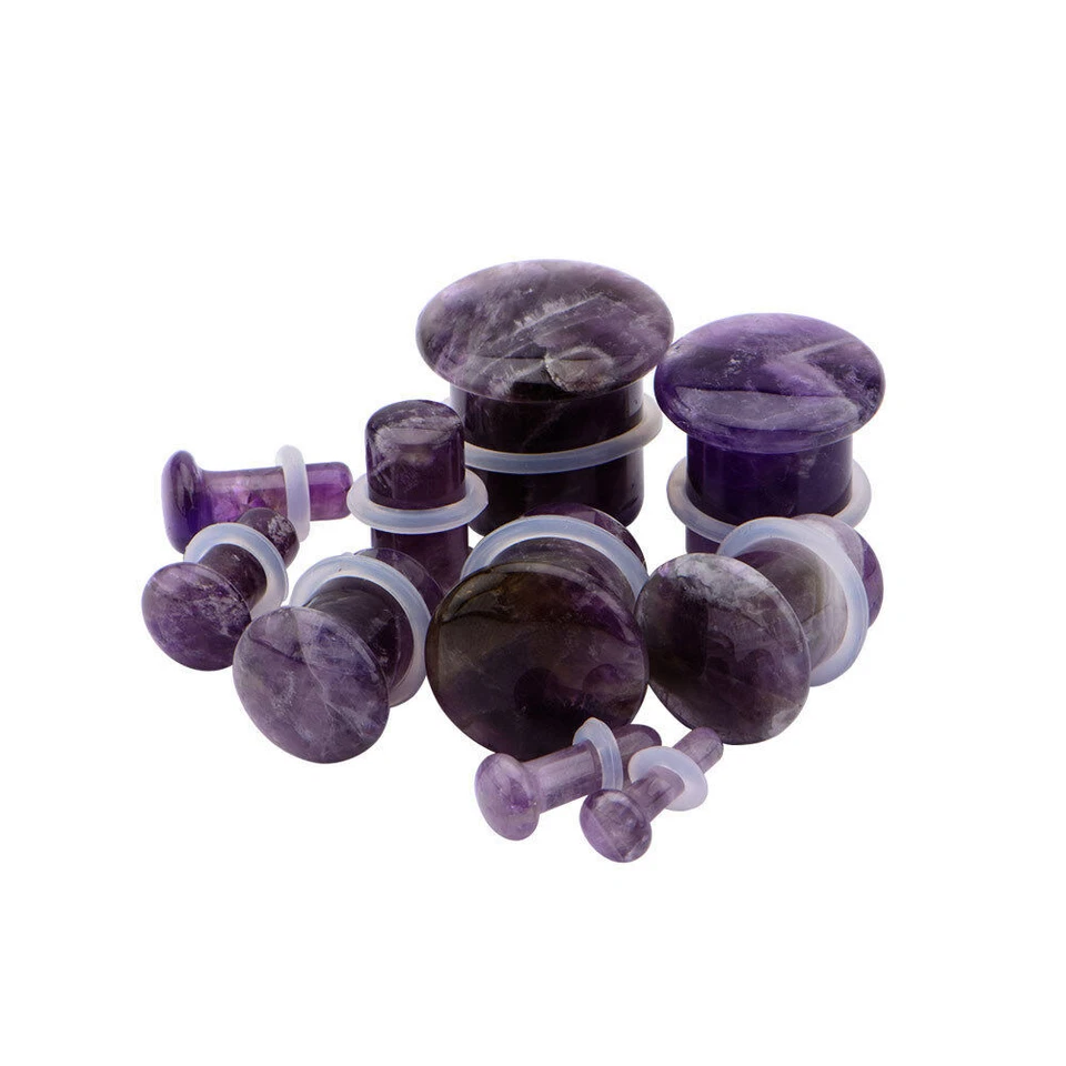 Par de tapones de piedra amatista de una sola llamarada medidores orgánicos tamaño 8ga a 1 pulgada E615 Foto 1 de 4