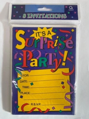 AMSCAN SURPRISE PARTY INVITATIONS 8 CARDS-ENVELOPES - Image 1 of 2