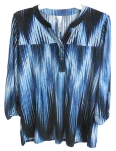 Camicia tunica blu fluente variegata collezione NY scollo 3/4 maniche Petite Large - Foto 1 di 12
