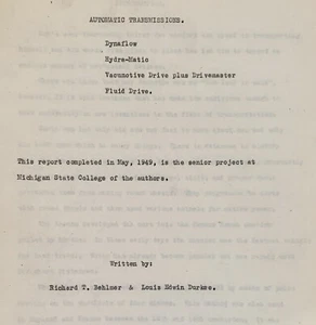 Vintage Michigan State College Term Paper 1949 Rapporto Ingegneria Automotive - Foto 1 di 2