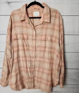 American Eagle Womens Button Front Shirt Beige Plaid Long Sleeve 100% Cotton M - Picture 1 of 6