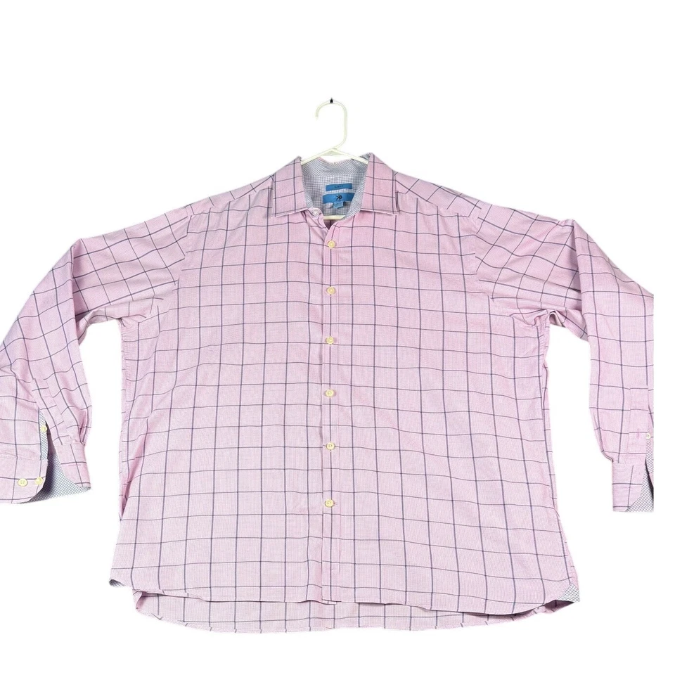 Egara Men's 2XL Pink Plaid Non Iron Stretch Button Up Dress Shirt Slim Fit - Image 1 of 4