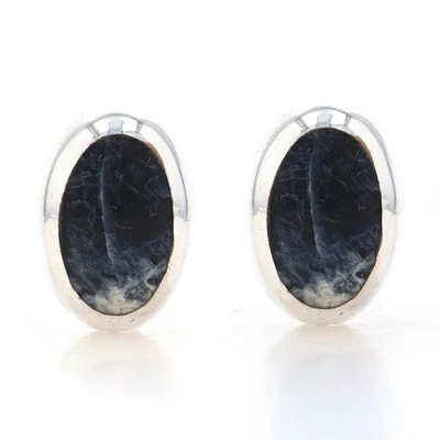 Oval Sodalite Earrings - Sterling Silver 925 Marbled Black Stone Pierced - Image 1 of 4
