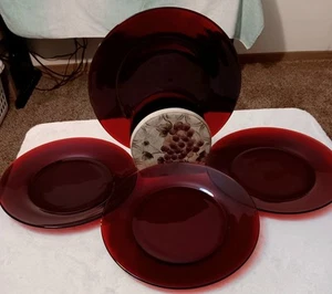 Vintage 1930'S Ruby Red Depression Glass Anchor Hocking Dinner Plates Set Of 4 - Picture 1 of 17
