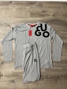 Pajama Mens  HUGO Set Gray 2 Piece With Logo Long Sleeve Set - Size L - Picture 1 of 18