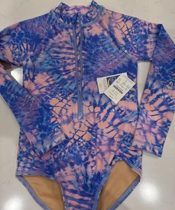 CREWCUTS Girls Zip-up Rash Guard One-piece Swimsuit UPF 50 fabric Tie Dye Sz 4-5 - Picture 1 of 9