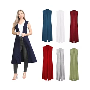 Ladies Sleeveless Maxi Long Length Boyfriend Cardigan Collared Top Long Floaty - Picture 1 of 12