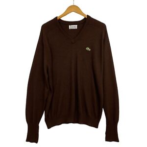 IZOD LACOSTE Knit Sweater Men's Large Brown Pullover V-Neck Long Sleeve