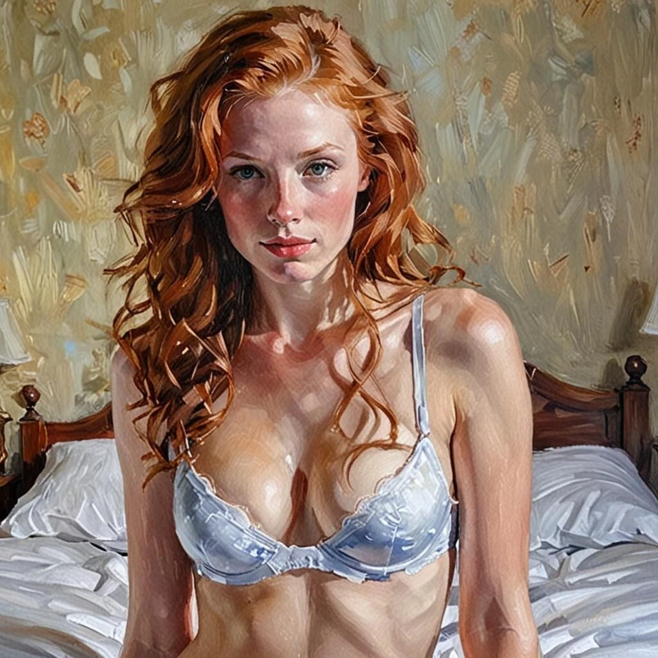 Tarjeta de arte ACEO pelirroja de 19 años en su sujetador y bragas en su dormitorio #5 Foto 1 de 1