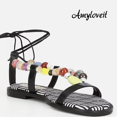 Antonio Melani Loola Beaded Leather Ankle Wrap Flat Sandals Size 6.5 New - Image 1 of 4