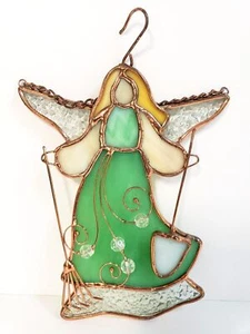 Angel Slag Glass Window Suncatcher 9" Decor Copper Green Glass Garden Christmas - Picture 1 of 4