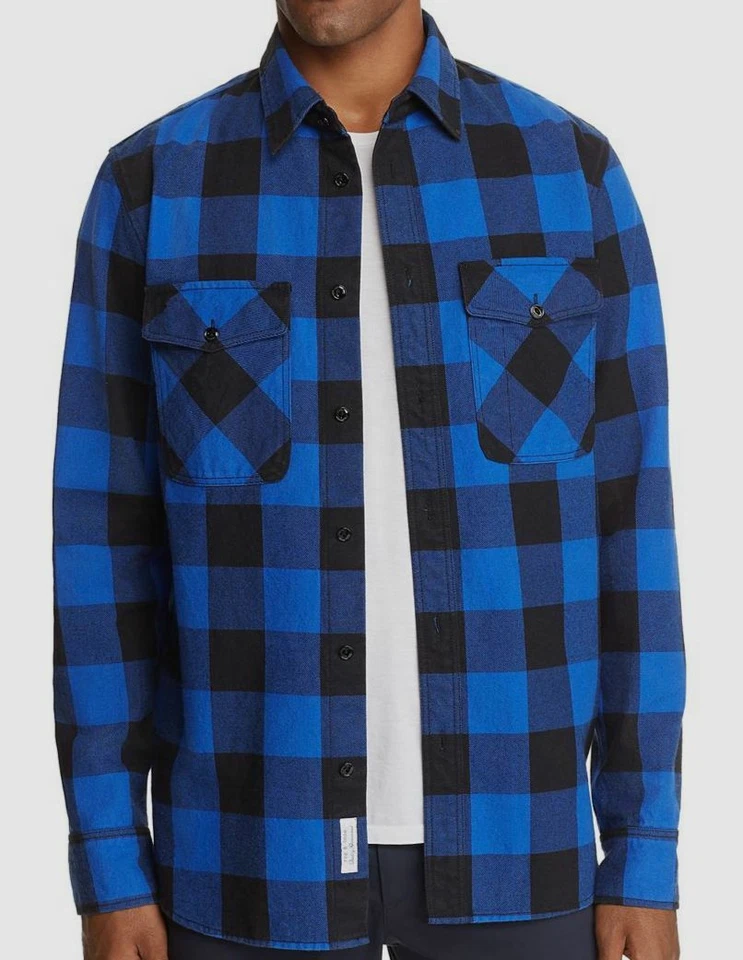 $495 Rag & Bone Mens Blue Black Plaid Button Up Coat Cotton Denim Shirt Jacket S - Image 1 of 1