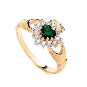 9ct Yellow Gold on Silver simulated EMERALD Irish CLADDAGH Ring size J to U - Picture 1 of 6