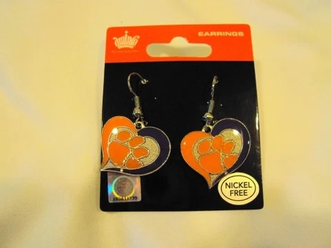 Clemson Tigers Football Logo NCAA Heart Swirl Charm Silver Dangle Earrings Set Cover