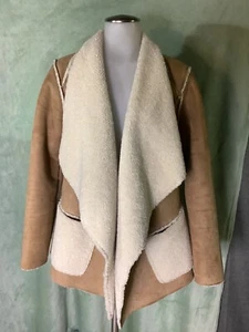 SAKS FIFTH AVENUE Brown Tan Faux Suede Faux Fur Long Draped Open Front Coat | XS - Picture 1 of 12
