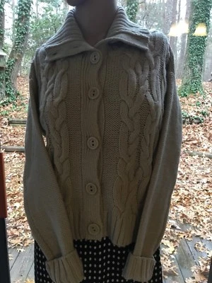 KENSIE Wool-Blend Ecru/Taupe Cable-Knit Button Down Sweater XS - Image 1 of 4