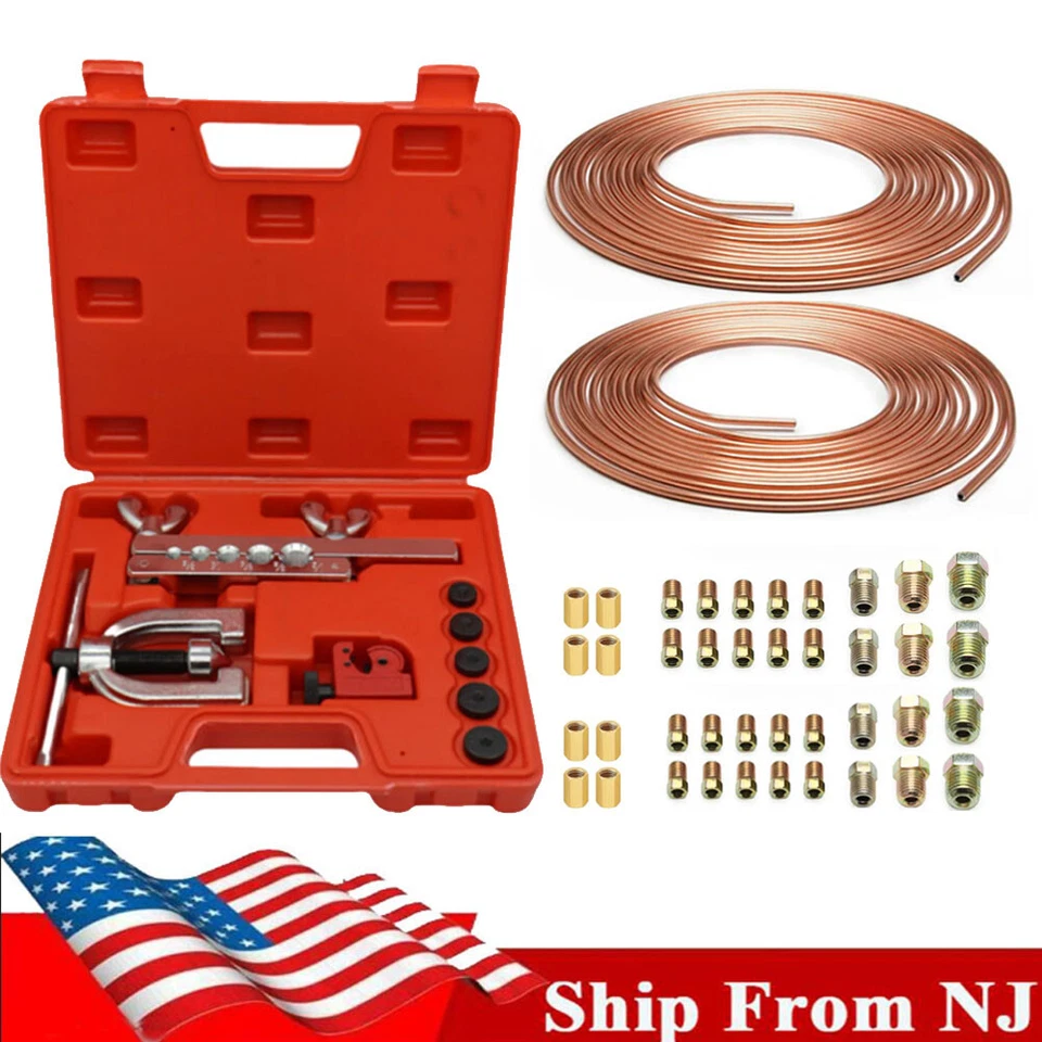 25 ft Automotive 3/16 1/4 Copper Coated Brake Line Kit + Flaring Tool Kit - Image 1 of 4