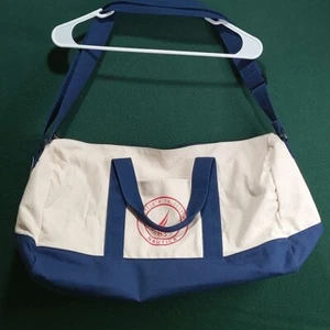 Nautica Overnighter Duffel Natural Beige Canvas Bag Blue Shoulder Strap 19x10x8 - Picture 1 of 15