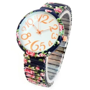 Reloj para mujer Azul marino con estampado floral fácil de leer banda elástica extensión - Imagen 1 de 6