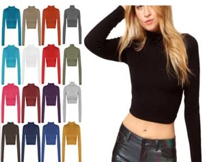Nuevo Para mujeres Mangas Largas Polo Liso Cuello Alto Tortuga Camiseta Damas Prenda para el torso recortada Chaleco - Imagen 1 de 24