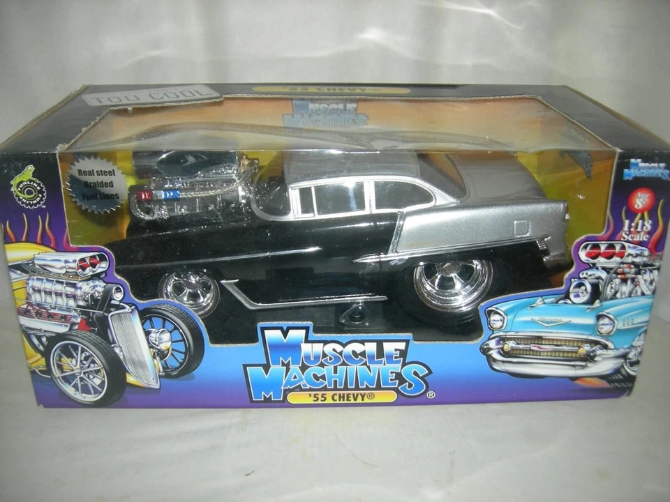 Chevy Bel Air 55 máquina muscular techo negro/plateado bonita caja escala 1:18 última Foto 1 de 1