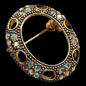 Vtg Oval Scatter Pin Gold Tone AB Rhinestone Brooch Miniature Photo Frame READ - Picture 1 of 7