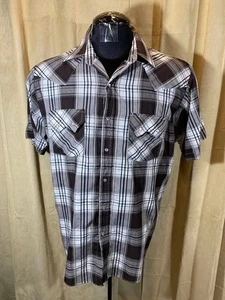 Mens Plains Western Shirt L Brown Plaids S/S Poly/cot Snaps Rodeo Saw Tooth - Picture 1 of 5