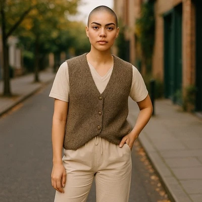 Chaleco suéter mujer vintage años 70 ANNE KLEIN MARRÓN MEZCLA MOHAIR DOBLADILLO PUNTIAGUDO M Foto 1 de 4