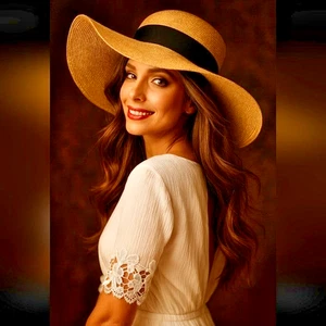 SS SOMETHING SPECIAL Elegante Sombrero de Ala Ancha Tostado con Banda Negra Nuevo - Imagen 1 de 13