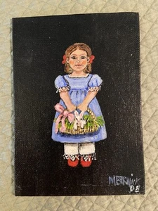 Mary Barwick Primitive Painting Girl Holding Basket With Bunny 5x7” Folk Art - Picture 1 of 7