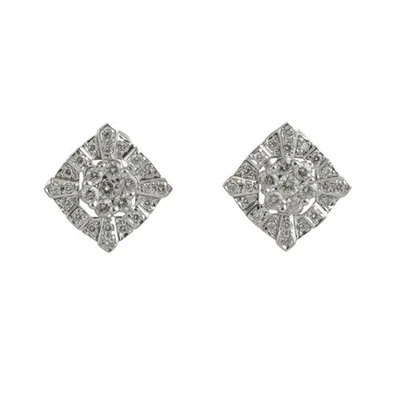 14k White Gold Diamond Square Cluster Stud Omega Back Earrings 1.50ctw H I1 - Image 1 of 4