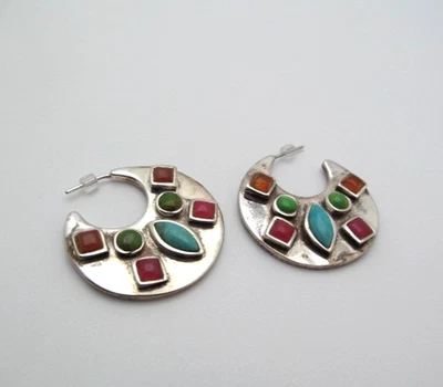 Barse 925 Sterling Silver Green & Blue Turquoise Stone Pink Wide Hoop Earrings - Image 1 of 4