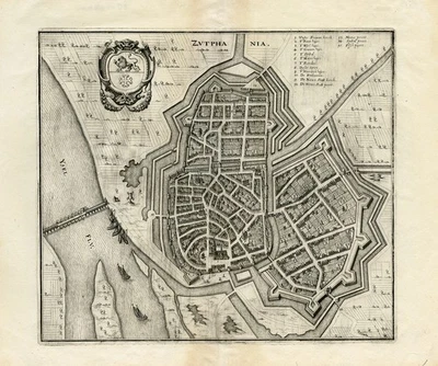 Antique Map-TOPOGRAPHY-ZUTPHEN-NETHERLANDS-Merian-ca. 1654 - Image 1 of 4