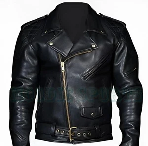 Mens Real Cow Leather Bikers Moto Jacket With Quilted Panels BLUF Jacket - JAC10 - Picture 1 of 9