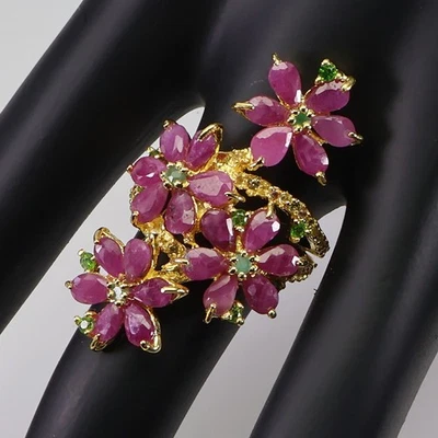 925 Sterling Silver Ring Pear Ruby Chrome Diopside Sapphire Gemstone Jewelry 8.5 - Image 1 of 4