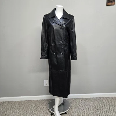 Gabardina de cuero Y2K Wilsons de colección para mujer grande negra larga doble botonadura gótica Foto 1 de 4