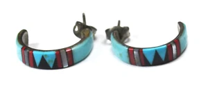 Sterling Turquoise Coral Inlay Half Hoop Earrings 5mm x 20mm - Picture 1 of 3