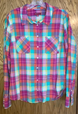 Camisa Merona Mujer Rosa Aqua Cuadros XL Blusa Verano Playa Algodón Ligera Foto 1 de 4