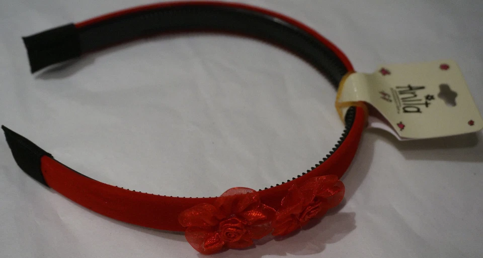 Holiday Hairband 3/4 inch Wide Red Velvet Chiffon Flower Bow Rosebud Center - Image 1 of 4