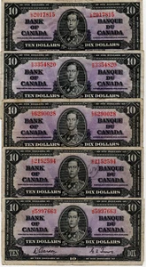 Bank of Canada 1937 $10 Lot of 5 Vintage Gordon-Towers F/VF $50 Face Value - Bild 1 von 2