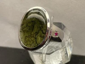 10+ CT METEORITE MOLDAVITE TEKTITE + RUBY .925 STERLING SILVER MENS RING SZ 8.75 - Picture 1 of 15