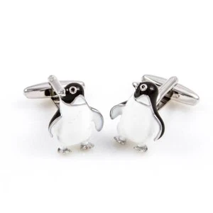 Penguin Pair Cufflinks Wedding Dad Groom Fancy Gift Box & Polishing Cloth - Picture 1 of 4