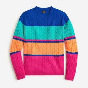NWT J.Crew Men's Cashmere Cable-knit Sweater in Bright Multi Stripe Pullover XS - Picture 1 of 6
