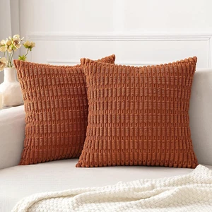 Pack of 2 Corduroy Decorative Throw Pillow Covers 18X18 Inch Soft Boho Striped P - Picture 1 of 8