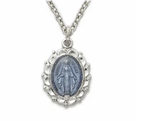 COLLANA E CATENINA MEDAGLIA MARIA MIRACOLOSA OVALE SMALTATA BLU ARGENTO STERLING - Foto 1 di 1